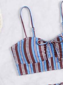 Swim Vcay Conjunto de bikini de verano con tirantes de espagueti, decoración de lazo y estampado a rayas, estampado aleatorio - Multicolor - Ver 3
