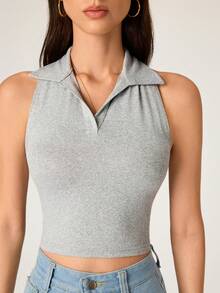 SHEIN BASICS Top corto sin espalda de unicolor casual para mujer, verano - Gris - Ver 5