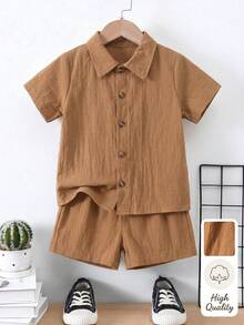 Conjunto de camisa de botones y pantalones cortos de niño, de tela de algodón, sin camiseta, para vacaciones de verano - Café integral - Ver 5