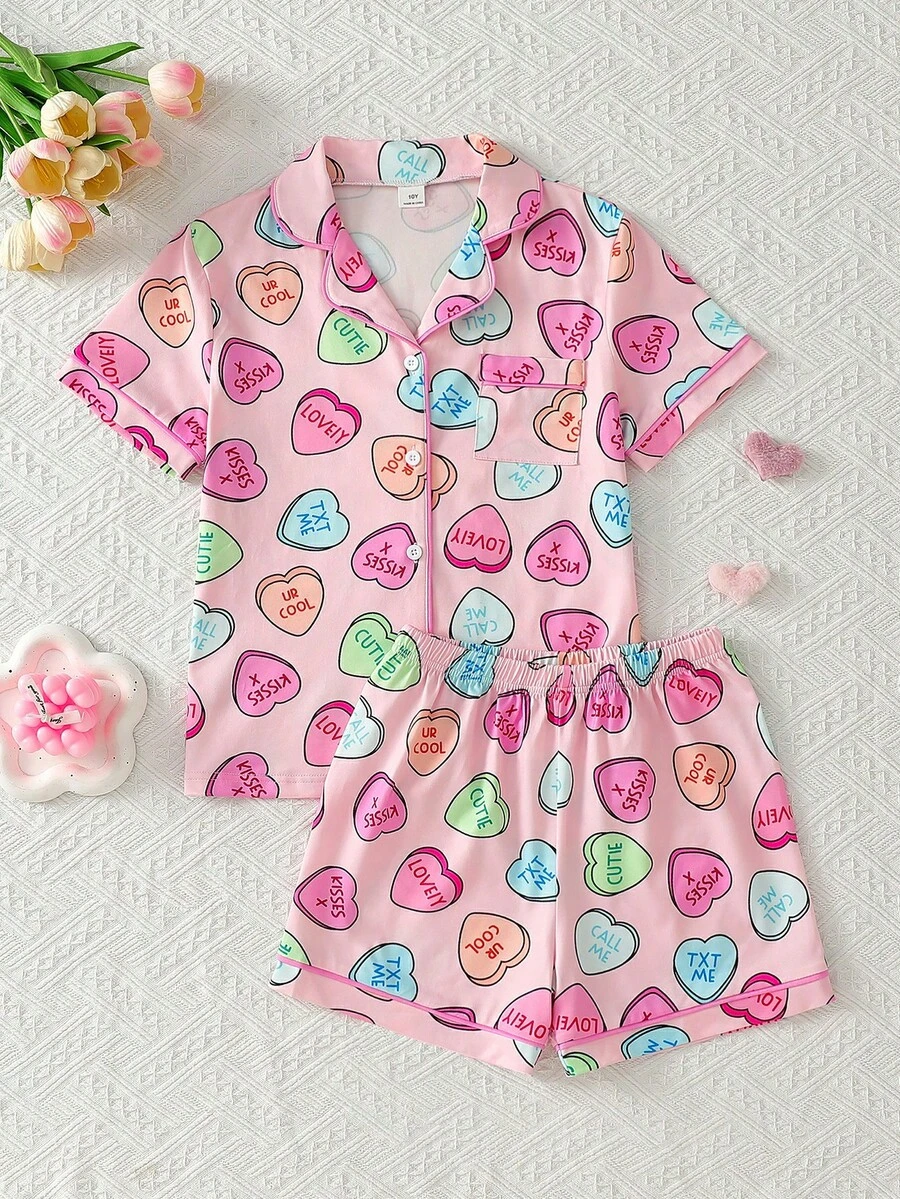 Bộ đồ ngủ 2 món cho bé gái tuổi teen, áo khoác cardigan và quần short dệt kim in hình trái tim màu hồng, chống cháy, thích hợp cho mùa hè. - Hồng - Xem 1