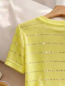 Airaco Áo thun nữ cổ tròn tay ngắn đính sequin, kiểu dáng thoải mái, thích hợp mặc mùa hè. - Vàng nhạt - Xem 4