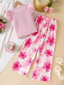 SHEIN Sparklyn 女童两件套，粉色针织面料，短圆领，飞袖背心上衣，松紧腰带，碎花直筒裤套装，女童休闲度假风，两件套夏季套装 - 粉色 - 查看 2
