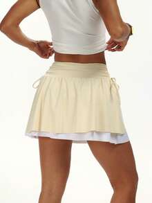 CourtClass Contrast Color Patchwork Lace-Up Sports Skirt Shorts - Yellow - View 2