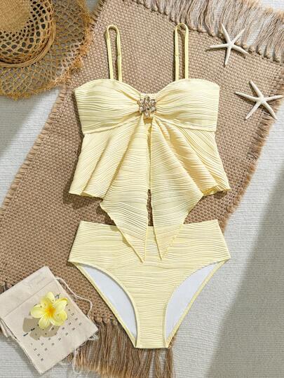 SHEIN Conjunto de bikini con estampado floral para adolescentes, traje de baño con tirantes de espagueti, primavera/verano