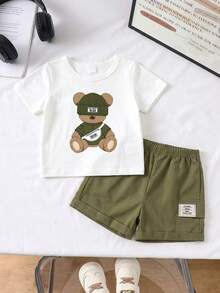 SHEIN Playful Pals 2件/套 嬰幼兒中性 0-3歲 熊圖案短袖上衣 & 鬆緊腰短褲套裝 橄欖綠 夏季休閒可愛海灘嬰兒服 - 軍綠色 - 查看 5