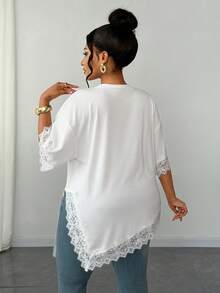 Maweii Camiseta de talla grande de verano, de unicolor, con parches de encaje y bajo asimétrico - Blanco - Ver 5
