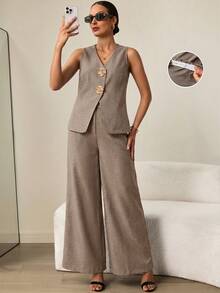 MaterniWear Maternity Solid V-Neck Sleeveless Stylish Summer Minimalist 2 Pieces Set - Camel - View 3