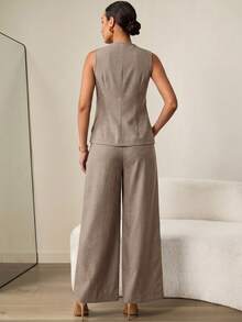 MaterniWear Maternity Solid V-Neck Sleeveless Stylish Summer Minimalist 2 Pieces Set - Camel - View 6