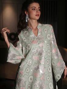 Layrah Luxurious Beaded Embroidered Stand Collar Asymmetric Flare Sleeve Robe, Spring/Summer - Mint Green - View 7