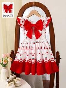 SHEIN Elladie kids 女童樱桃印花露背连衣裙，饰有蝴蝶结，复古甜美A字廓形夏季连衣裙，采用亮丽的樱桃和爱心印花，荷叶边袖口，扇形下摆，背部饰有大红色蝴蝶结。面料柔软，适合生日派对、下午茶、户外拍照和日常穿着。 - 紅色 - 查看 3