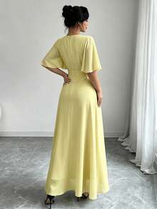 Modelyn Đầm maxi chiffon dáng suông, cổ tròn, tay bồng, bèo nhún, thanh lịch dành cho nữ, thích hợp cho mùa xuân/hè. - Màu vàng ngỗng - Xem 2