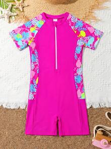 SHEIN Traje de baño informal de una sola pieza con estampado tropical de plantas, cremallera en el hombro y calzón para niñas preadolescentes - Rosa Fucsia - Ver 1