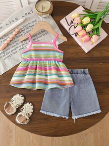 SHEIN Vintaside Kids 女婴夏季粉色条纹甜美清新花卉装饰吊带背心和牛仔短裤套装，蝴蝶结细节，适合日常外出、休闲旅行、家庭聚会、夏季购物 - 粉色 - 查看 2