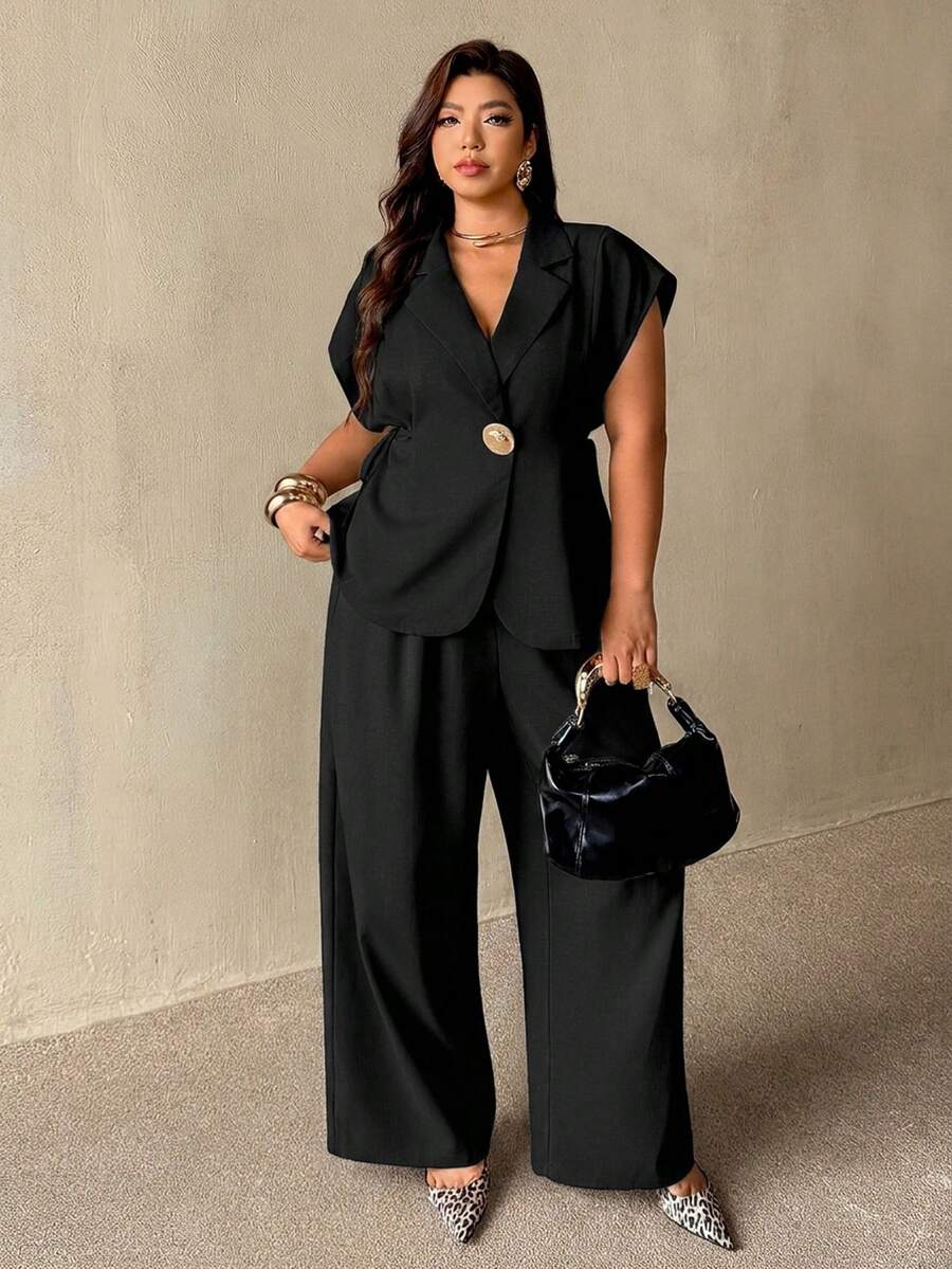 Auralis Plus Size Solid Color Lapel Neck Summer Minimalist Design Versatile Suit Set - Black - View 1