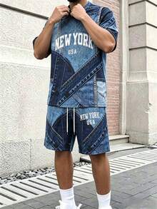 Manfinity Hypemode Bộ đồ nam 2 món chất liệu denim giả chữ, thích hợp mặc nhà, thể thao và du lịch. - Màu xanh hải quân - Xem 6
