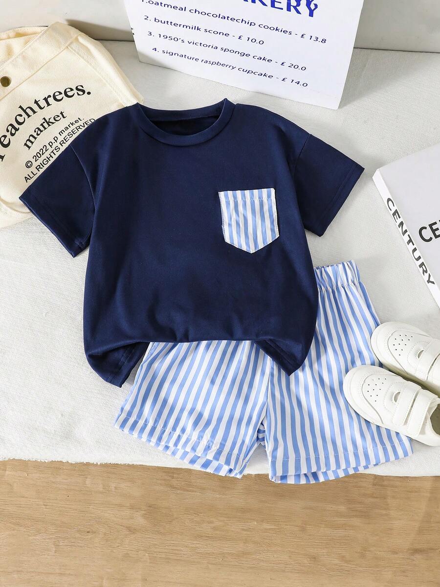 Souflis Souflis 2pcs/Set Toddler Boys' Casual Comfortable Graphic Print Round Neck Raglan Top And Striped Shorts, Suitable For Spring/Summer Outdoor Play Daily Wear - Blue - View 1