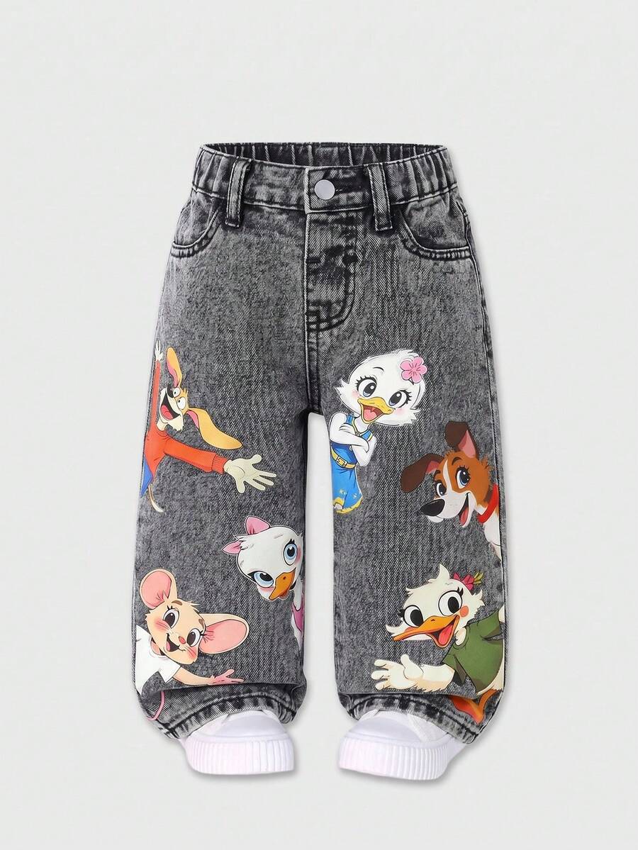 SHEIN Playful Pals 女童休闲浅灰色牛仔裤,饰有可爱动物印花图案,宽松直筒裤型,适合夏季度假、街头穿着、上学和日常穿着。 - 淺灰色 - 查看 1