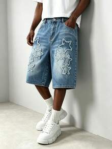 Manfinity EMRG Quần short denim rách gấu thêu hình ngôi sao phong cách đường phố châu Âu và Mỹ, unisex. - Màu xanh lam - Xem 3