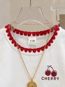 SHEIN Vintaside Kids Áo thun ngắn tay cổ tròn viền hoa màu trắng cho bé gái 6 tháng-3 tuổi, in chữ Cherry, quần áo trẻ em gái, áo thun ngắn tay cho bé gái, áo ngắn tay trắng đa năng cho bé gái, đường viền tinh tế ở cổ áo và gấu tay áo, họa tiết quả anh đào, họa tiết trái cây, họa tiết Anh Quốc, thích hợp cho mùa xuân/hè, mùa hè. - trắng - Xem 6