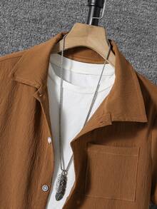 SHEIN Tween Boy's 2-Piece Summer Outfit Set, Brown Textured Linen-Look Short Sleeve Button Down Shirt And Casual Shorts, Kids Vacation Holiday 8-12 Years - Mocha Brown - View 5