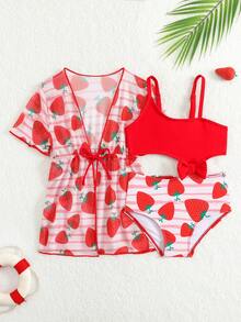 SHEIN 2pcs/Set Baby Girls Swimwear, Adorable Strawberry Print With Bow Decor One-Piece Swimsuit And Beach Cover Up - Red and White - View 5