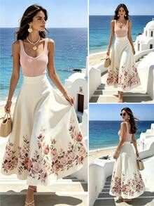 SHEIN Franclia White Oil Painting Style A-Line Skirt, Elastic Waist Flattering Silhouette, Rose & Peony Floral Gradient Print, Romantic Soft Glow In Sunlight, Suitable For Commuting Or Dates - White - View 4