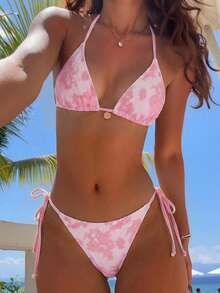 SHEIN Swim 黄色蕾丝甜美可爱复古休闲沙滩度假女式泳装上衣 - 粉色 - 查看 5