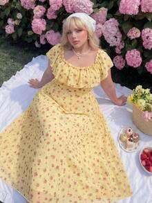 Lyrianda Plus Size Women Ditsy Floral Ruffle Hem Elegant Sweet Cute Dress - Yellow - View 6