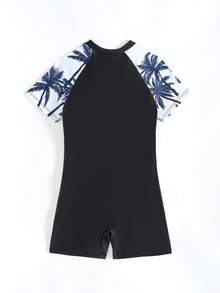 SHEIN Traje de baño de una pieza con cremallera frontal y estampado de palmeras, adecuado para nadar, playa de verano para niñas preadolescentes - Negro - Ver 2
