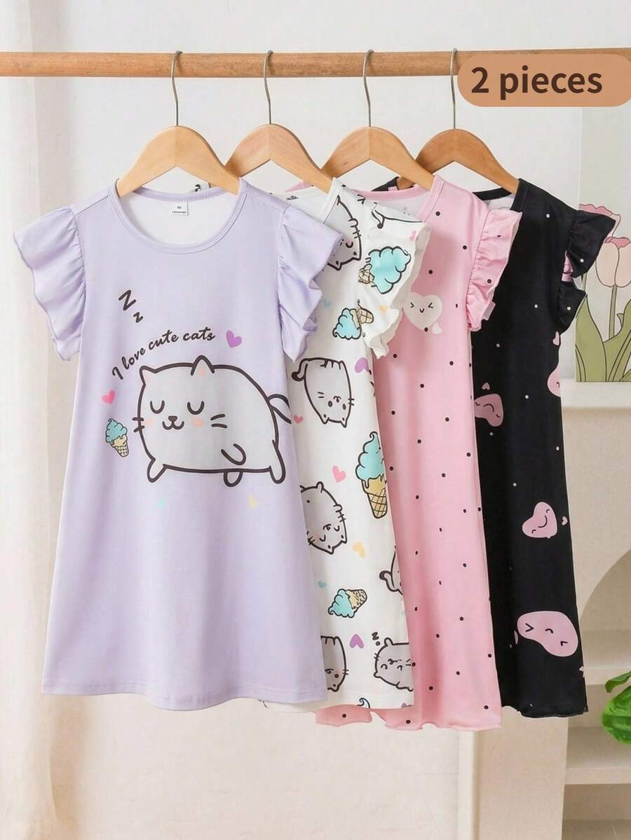 SHEIN 女童可爱瞌睡猫和冰淇淋印花睡裙,女童迷人圆领短袖连衣裙睡衣,柔软宽松舒适家居服套装,适合小女孩 - 彩色 - 查看 1