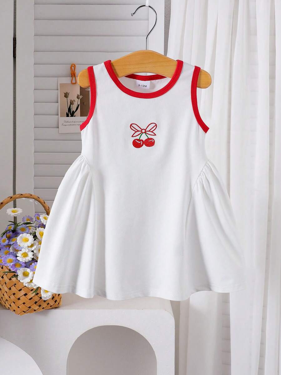 SHEIN 嬰兒/幼童女童白色與紅色夏季可愛度假針織拼接洋裝,梭織面料不對稱拼接拼色,遊戲時間休閒日常穿著 - 白色 - 查看 1