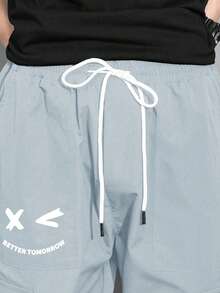 Manfinity Hypemode Loose Fit Men's Slogan Graphic Flap Pocket Drawstring Waist Cargo Pants - Baby Blue - View 5