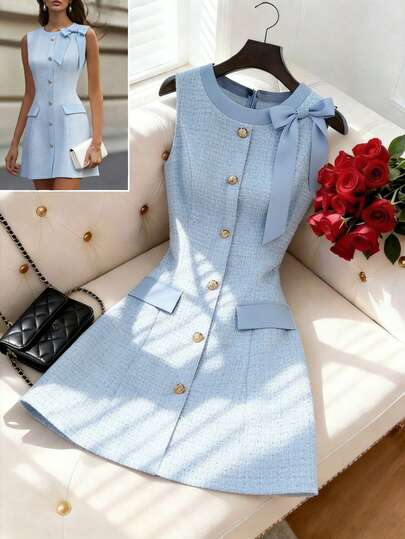 GlowEve Vestido de tweed de línea A sin mangas, elegante y romántico, color azul claro, nueva llegada de verano, diseño de cuello con lazo, vestido de línea A para mujer, vestido de verano para mujer