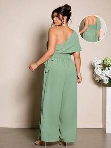 Elenzga Plus Size Women's Wrap Shoulder Tie Waist Jumpsuit, Elegant For Outings, Commute And Dates - Mint Green - View 2