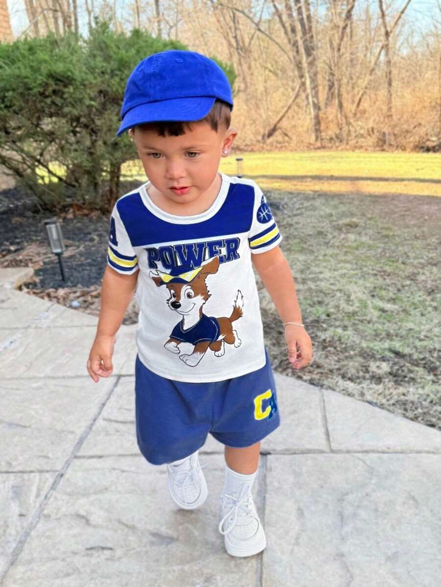 2pcs Baby Boys Blue White Stripe Cartoon Dog Print Short Sleeve T-Shirt And Shorts Set,Cute Summer Toddler Little Brother Beach Racing Outfits