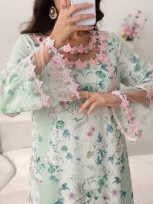 Yasmyna 双层花卉蕾丝网纱拼接印花长款上衣 - 綠色 - 查看 2