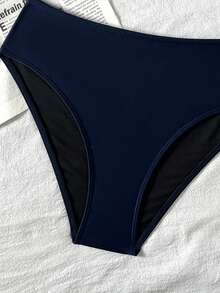 SHEIN Áo tankini cổ yếm màu xanh hải quân cho bé gái tuổi teen, có khóa kim loại trang trí, bộ đồ bơi thích hợp cho bơi lội, kỳ nghỉ, đi biển mùa hè, đồ bơi trẻ em, kỳ nghỉ hè. - Màu xanh hải quân - Xem 5