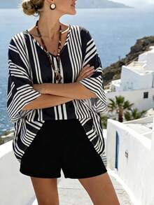 SHEIN Holidaya 女士休闲条纹V领宽松短袖衬衫，夏季 - 黑與白 - 查看 5