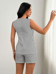 EURMUSE Damen Frühling Sommer Anzug Set, Weste, Shorts, Streifen, Leinenoptik - Verschiedenfarbig - Übersicht 7