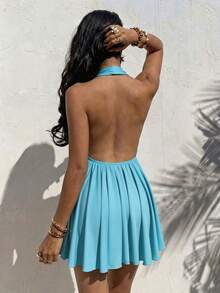 Bonvoyette Women's Solid Color Plunging Neck Backless Ruffle Hem Beach Vacation Dress - Baby Blue - View 2