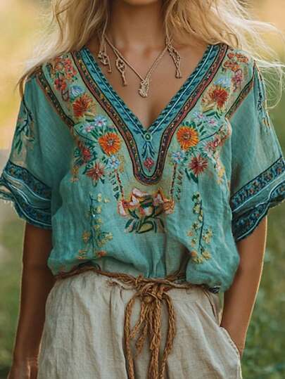 Zayélia Áo kiểu Bohemian màu ngọc lam thêu cho nữ, áo tunic dáng rộng cổ chữ V tay cánh dơi họa tiết hoa cổ điển, áo sơ mi mùa hè phong cách Boho thường ngày.