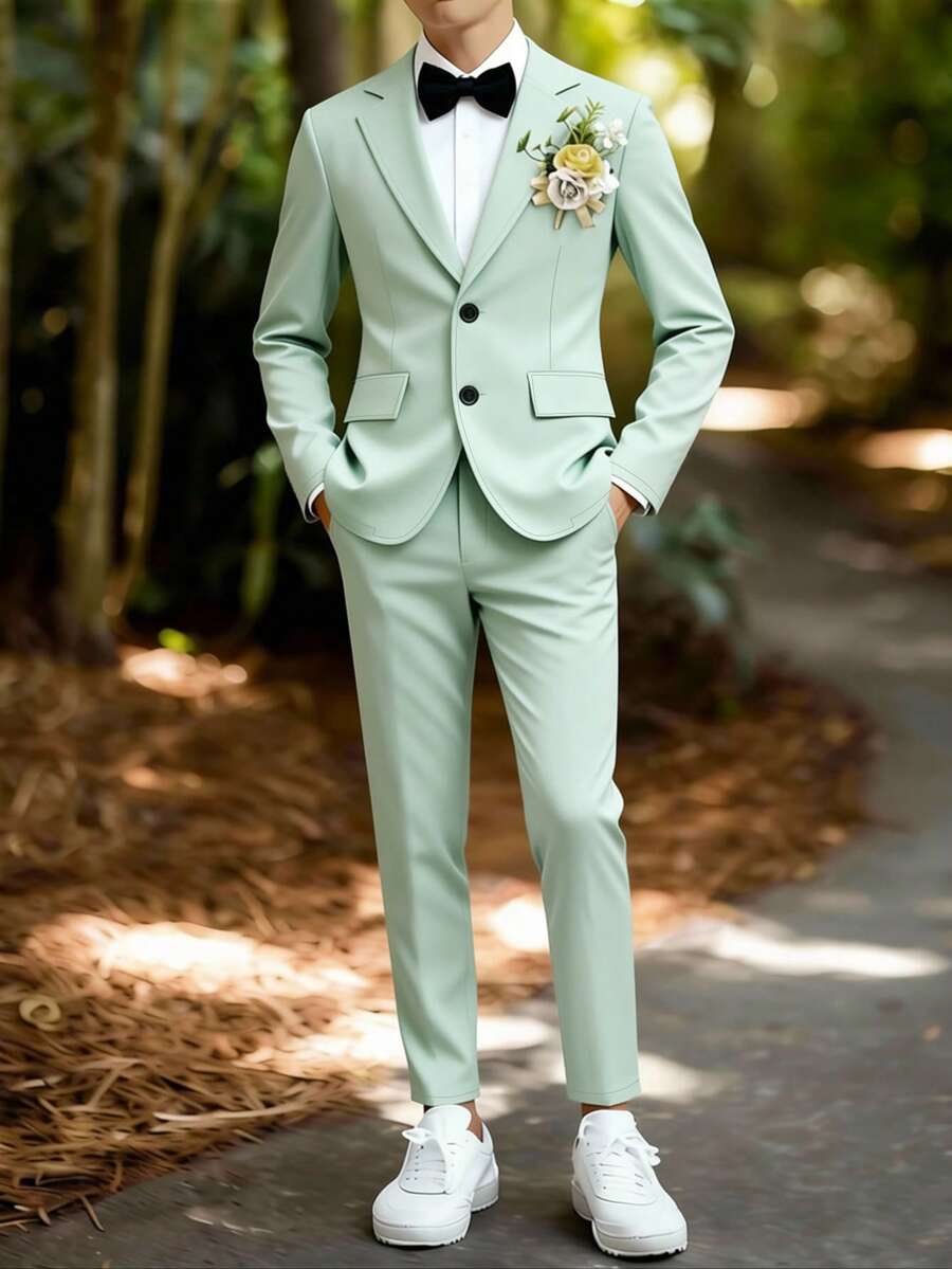 青少年男孩 2件組鼠尾草綠長袖西裝外套長褲套裝 早秋返校季 婚禮賓客派對兒童服飾套裝