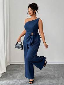 Elenzga Bộ đồ nữ cỡ lớn thanh lịch gồm áo chữ A và quần ống rộng, thiết kế lệch vai, thắt eo, thích hợp cho mùa hè. - Màu xanh lam - Xem 3