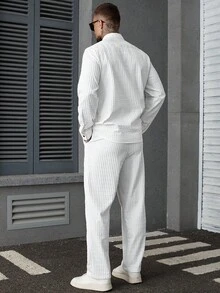 Manfinity CasualCool Men 2 Pieces Set,Men's Casual Solid Color Shirt And Pants Outfits,Men's Wear Minimalism Are Versatile For Daily Commuting Trips, Fall Clothes - White - View 2