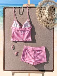 Swim Mod Women's 2-Piece Gingham Print Random Camisole Top And Shorts Bikini Set, Summer Beach - Baby Pink - View 2