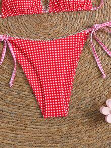 Swim Mod Bộ bikini hai mảnh gợi cảm kẻ sọc, buộc dây cổ, hở lưng, thích hợp cho kỳ nghỉ hè ở bãi biển dành cho nữ. - Đỏ - Xem 6