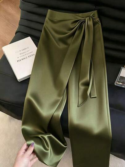 Franclia Kadınlar için Şık Saten Pantolon, Parlak, Yüksek Kaliteli, Asimetrik Bağlamalı, Geniş Paçalı Pantolon, İlkbahar, Yaz ve Sonbahar Başları İçin Uygundur
