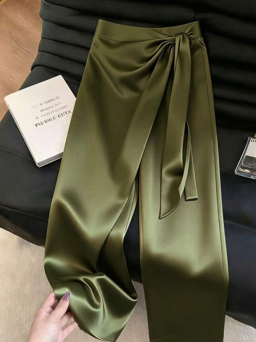 Franclia 女士优雅缎面长裤,光泽高端不对称系带阔腿裤,适合春、夏、初秋穿着 - 綠色 - 查看 1