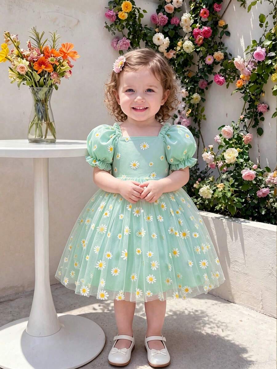 SHEIN Glamorique Kids 女婴优雅绿色可爱雏菊刺绣泡泡袖收腰奢华双层薄纱蓬蓬裙正式套装 - 綠色 - 查看 1