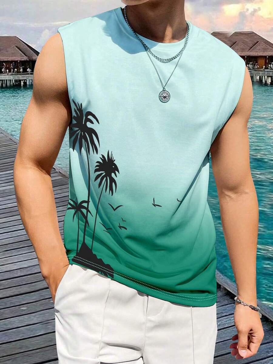 Manfinity RSRT Men's Ombre Coconut Tree Graphic Print Round Neck Tank Top, Holiday - Multicolor - View 1